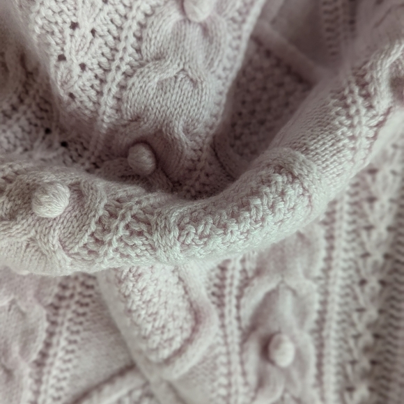 J. Crew Cable Knit Pom Pom Women's Lilac Azra Knit Lambswool Fisherman Sweater L - Picture 9 of 12